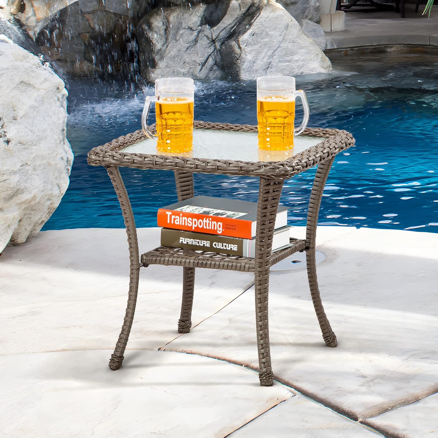 20”x20”x20” Wicker Outdoor Side Table - Patio Coffee Table with 5” Tempered Glass & Convenient Storage Shelf Ideal for Patio Furniture Set, Mixed Grey