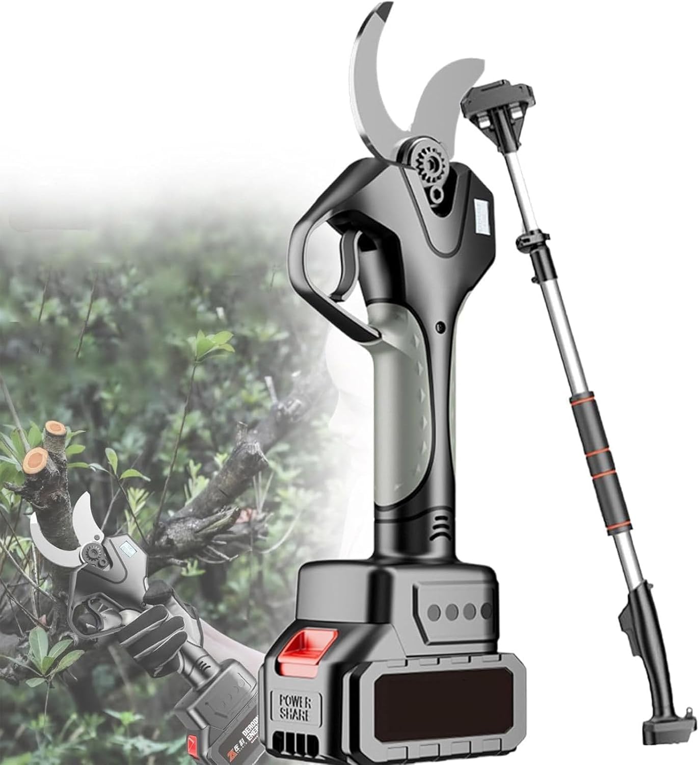 21V Electric Pruning Shears Cordless Tree Pruner Branch Cutter Gardening Scissors With 2Pcs Rechargeable Battery & 7.1 Foot High Reach Extension Rod
