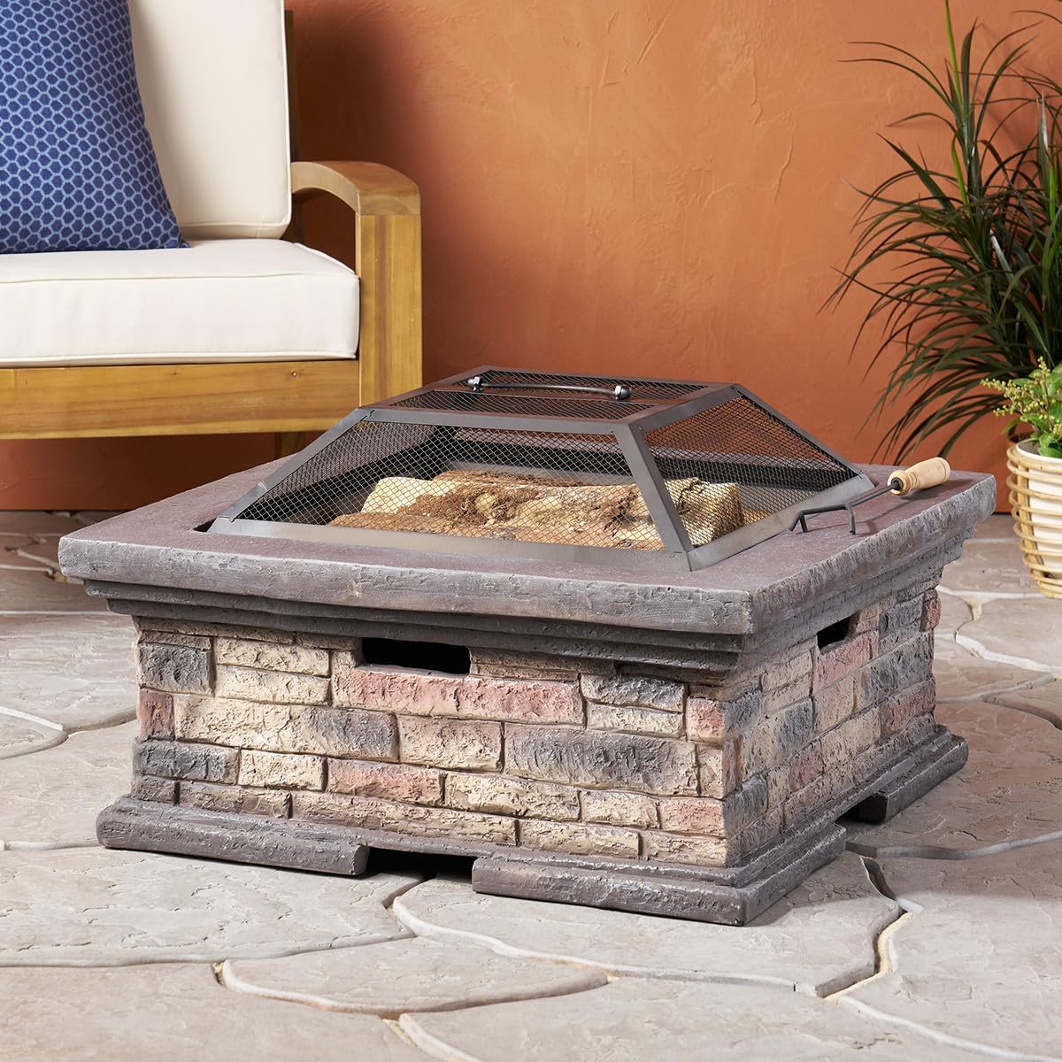 Outdoor Heaters for Patio – Smokeless Fire Pit Table Square Faux Stone-Look Base Steel Fire Bowl Mesh Spark Screen Lid & Poker Wood-Burning Outdoor Fireplace for Backyard