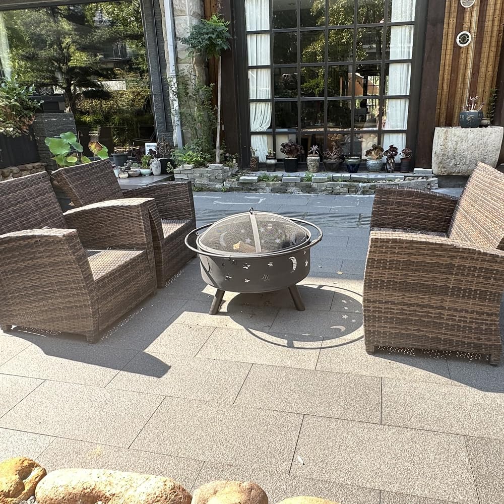 Fire Pit 32 Inch Outdoor Wood Burning Firepit with Screen Patio Round About The Moon and Stars