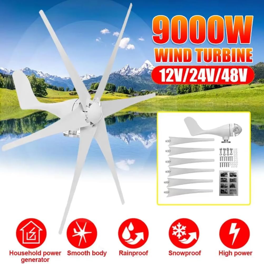 9000W Horizontal Wind Turbine Generator Low Noise 12V 24V48V 220V for Off Grid System Windmill Wind Turbine Generator Kit with MPPT Charger Controller