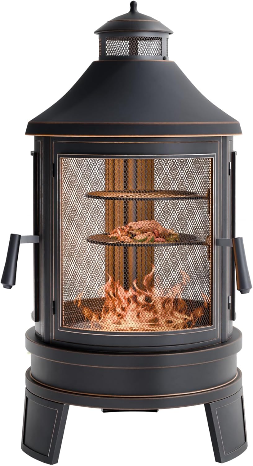 Metal Outdoor Fire Pit for Outside Wood Burning，24 Inch Chiminea Outdoor Fireplace with Adjustable Grill Tray, Spark Screen Door & Fire Poker, for Patio, Garden, Backyard