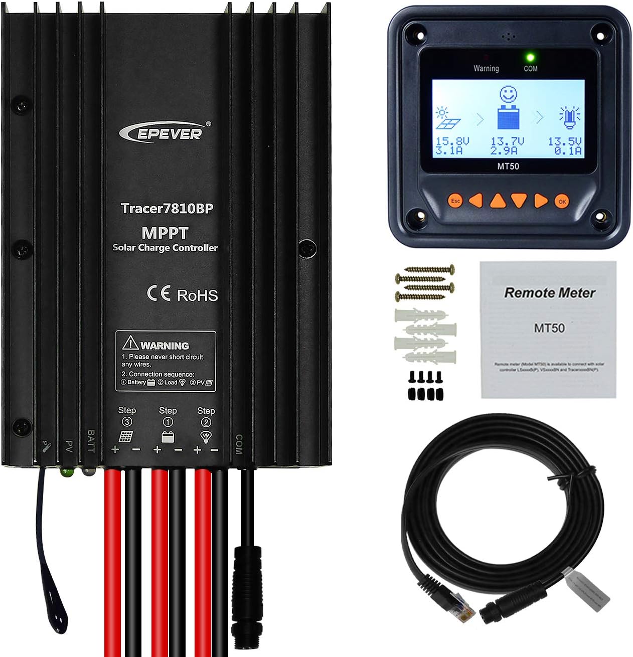 EPEVER MPPT Solar Charge Controller 30A 12V 24V Auto IP67 Waterproof Max PV 100V Solar Panel Charger Regulator Kit for Sealed Gel Flooded Lithium User (MPPT 30A+MT50+RS485)