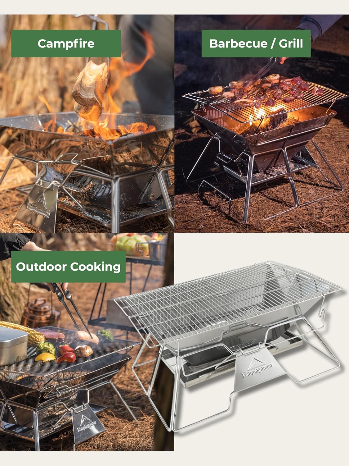 CAMPINGMOON Large Portable Campfire Fire Pit BBQ Grill Stainless Steel Foldable Collapsible Wood Burning Charcoal Grill for Heavy Duty Outdoor Cooking RV Camping, 20x13-inch, with Carry Bag MT-3