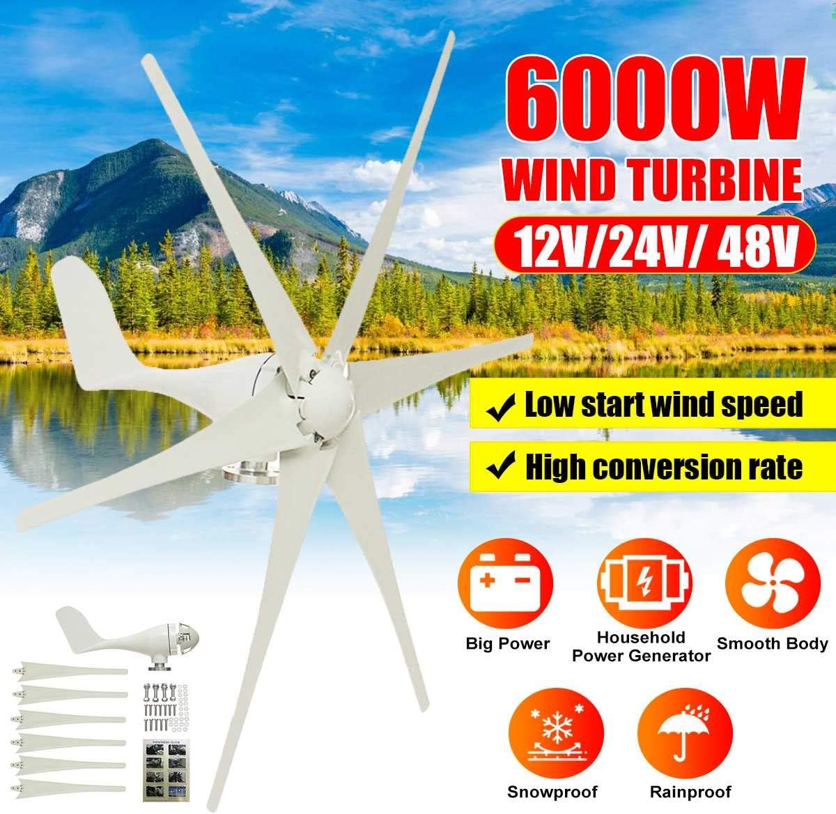 6000W 12V/24V/48V 6 Blade Wind Turbines Generator Efficient Wind Turbines Horizontal Home Power Windmill Energy Turbines Charge,48v