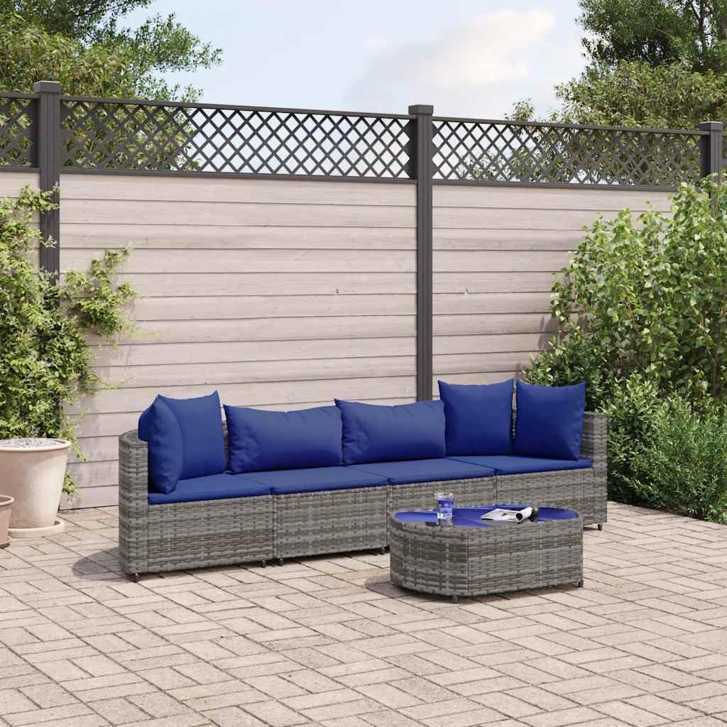 Patio Sofa Set, 4-Piece Gray PE Rattan Outdoor Furniture, Modular Garden Seating with Glass Top Table, UV-Resistant, for Balcony & Deck Relaxation