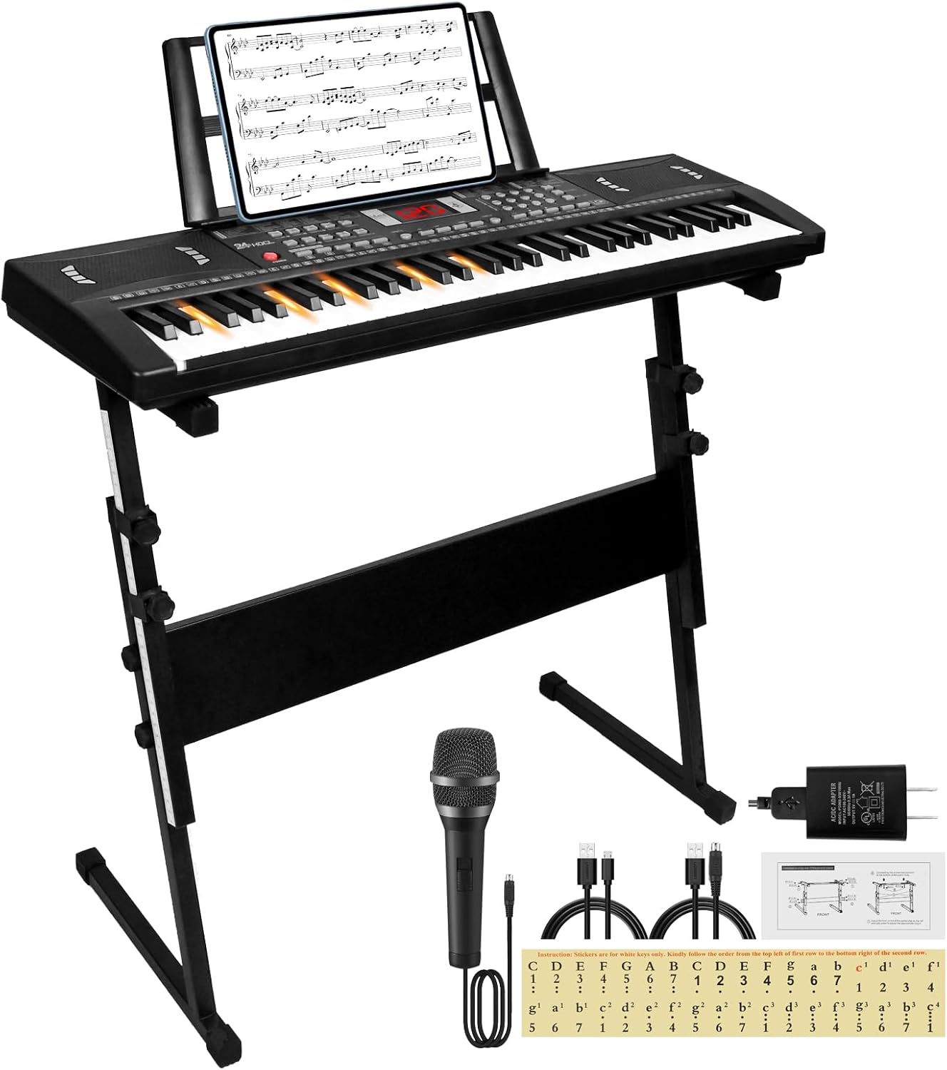Piano Keyboard for Kids Beginner, 61 Key Digital Keyboard Piano Set with Headphone, Microphone, Music Sheet, Power Adapter, Piano Stand, Black