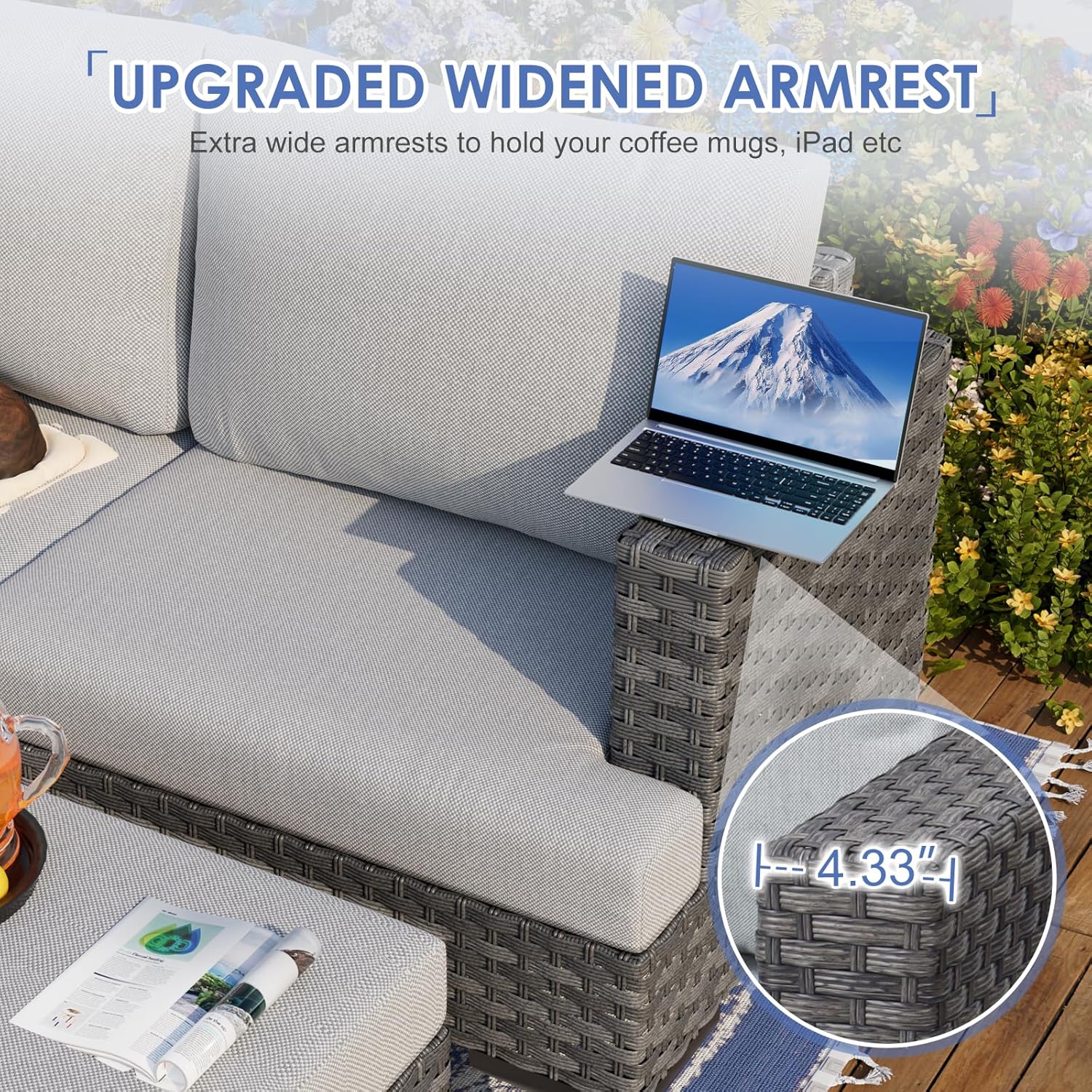 7 PCS Patio Furniture Set 60000BTU 44-Inch Outdoor Propane Fire Pit Table Wicker Outdoor Sectional Coversation Set, Thick Cushion & Deep Seat, Outdoor Furniture Sets for Porch,Backyard,Deck (Grey)