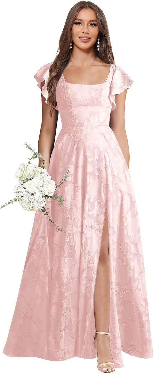 Floral Bridesmaid Dresses Long Square Neck Short Sleeve Formal Evening Gowns with Slit