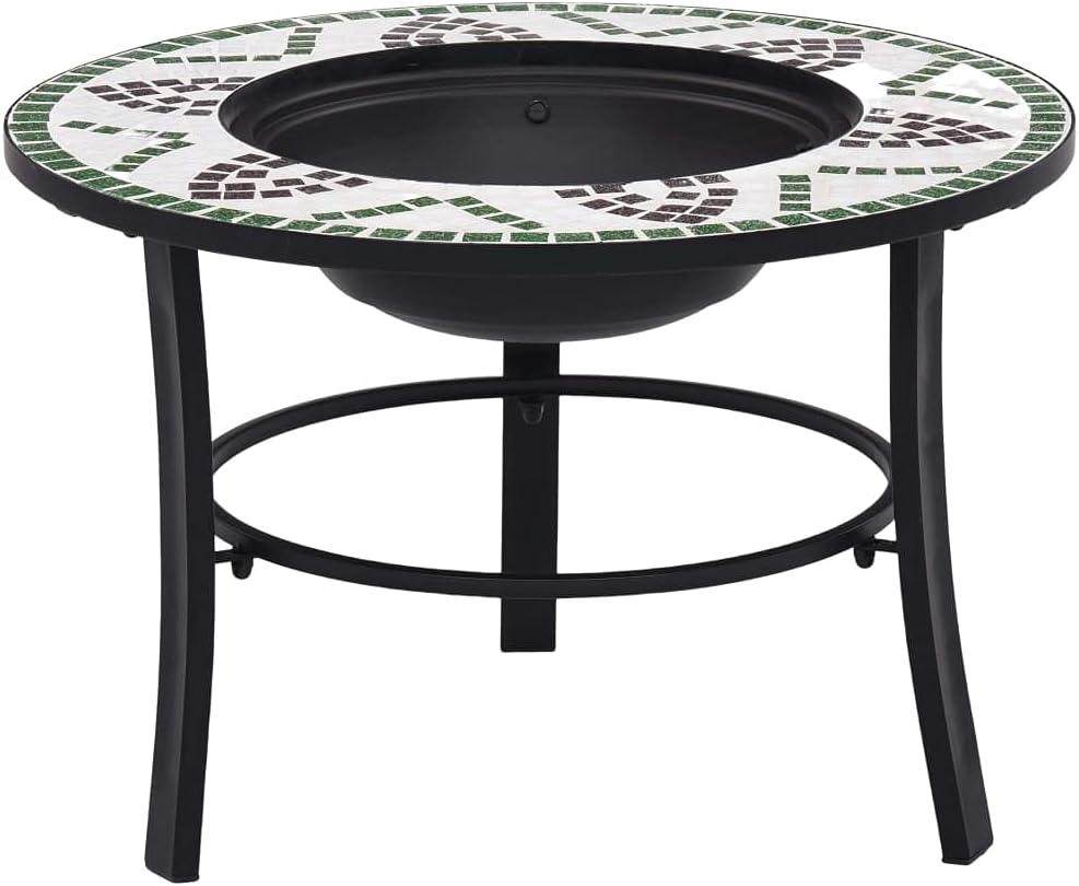 vidaXL Fire Pit with BBQ Grid - Green Ceramic Mosaic, Outdoor Patio Heater/Stove, Decorative Garden Furniture, Steel Construction