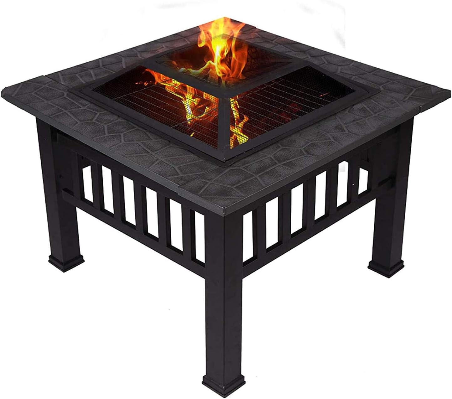 Outdoor Fire Pits,Metal Square Firepit Patio Stove BBQ Grill Fire Pit Bowl with Spark Screen Cover,Log Grate,Poker for Garden Camping Picnic Bonfire