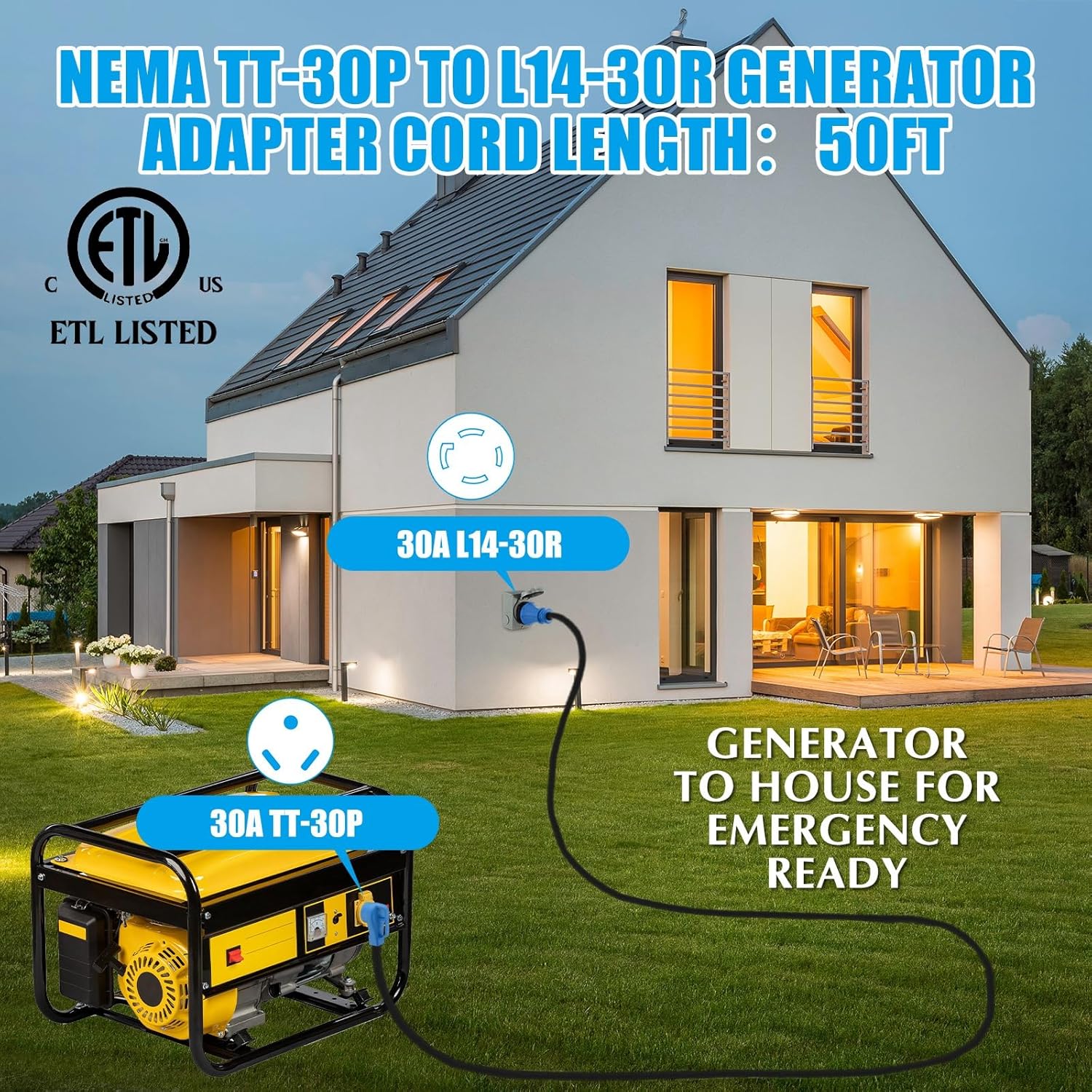 25 ft TT-30P to L14-30R Generator Transfer Switch Adapter Cord, 30 Amp TT-30P Male to L14-30R Female with Locking Ring Generator to House Inlet Box Adapter, STW 10 AWG, ETL Listed