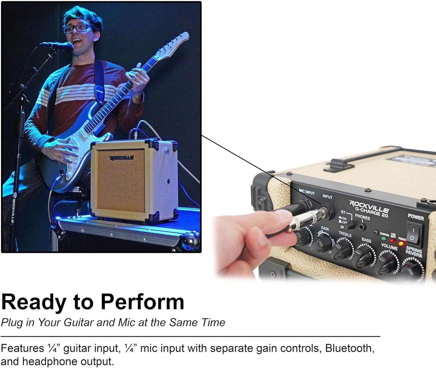 Rockville G-CHARGE 20 Beige 20W Battery-Powered Guitar Amplifier, 6.5” Speaker, Spring Reverb, Bluetooth, Mic Input, Kickback Stand, Rechargeable Amp, For Street Performances, Home Jams & Outdoor Play