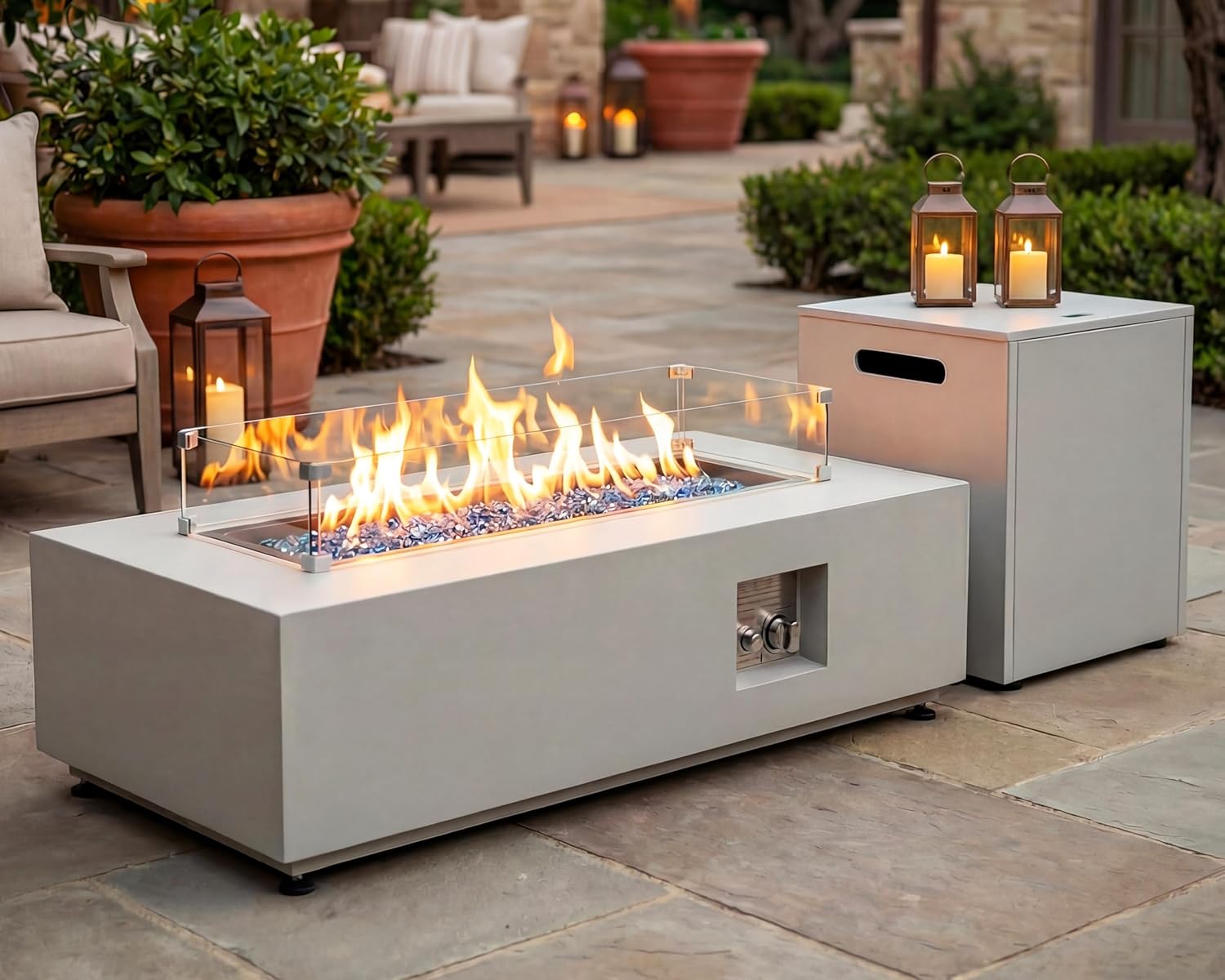 NICESOUL 42'' Outdoor Rectangle Fire Pit Table, Modern Low Profile Patio Firepits with Tank Table, 50,000 BTU Firepit Table for Outside, Exterior, Porch, Backyard or Garden, No Assembly, Grayish white
