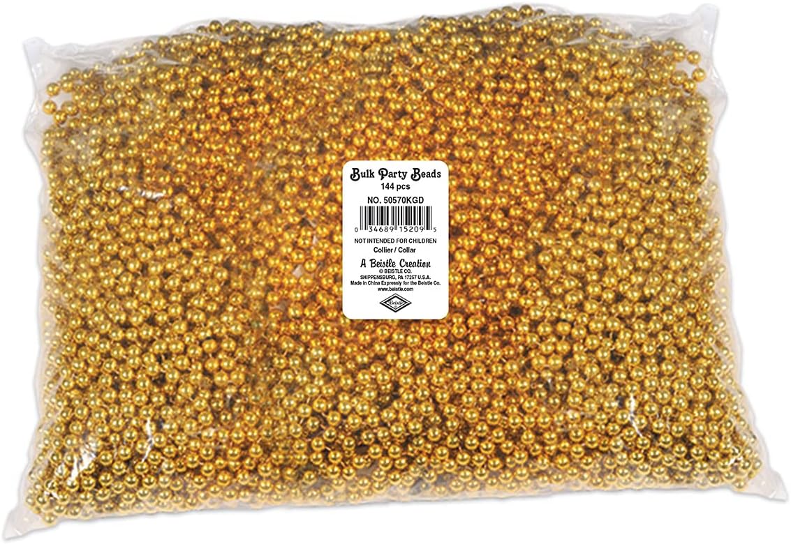 Beistle Gold Party Beads – 720 Pack, Small Round Plastic Bead Necklaces, Bulk Solid Color Celebration Wear & Event Accessories for Large New Year’s Eve Events, Parades, and Festive Décor, 33”