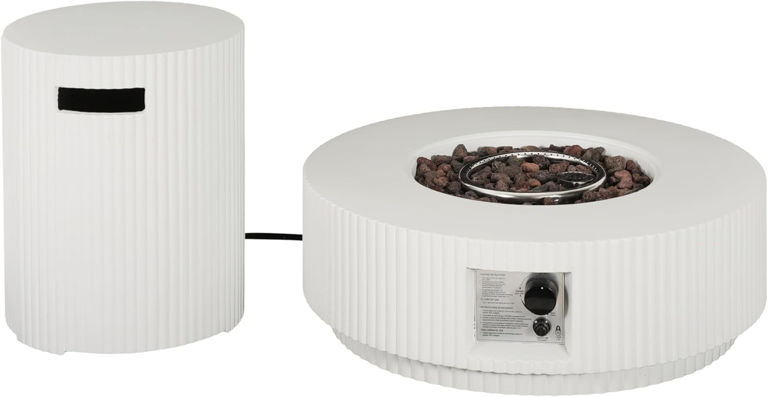 Christopher Knight Home Hearth Lightweight Concrete Tank Table, Outdoor Fire Pit and Tank Holder Set, 40000BTU Round Fire Pit, Concrete Propane Cover and Firepit, No Assembly Needed, White