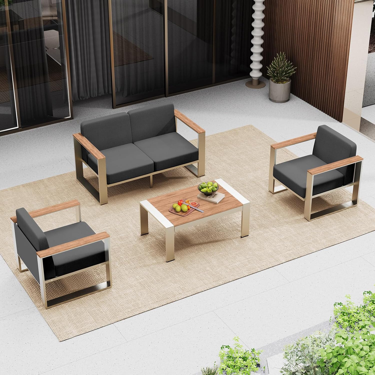 Outdoor Furniture Set, 4 Piece Aluminum Patio Furniture Set with Wide Seat and Thick Cushions, Modern Outdoor Patio Conversation Sets for Deck, Porch (Teak-Charcoal)