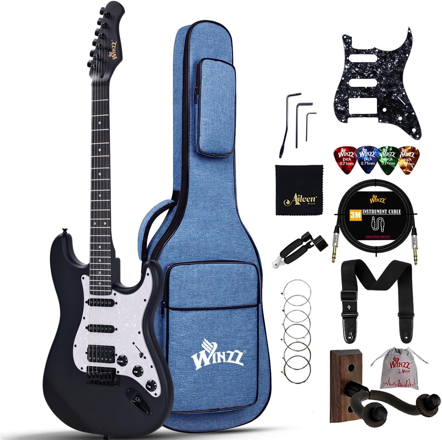 Winzz Adult Electric Guitar 4/4 Full Size, HSS Pickup, Guitar Electric ST for Beginners Starter Pack with 12 Accessories, Ideal Kids Electric Guitar Kit 12+ Years (39
