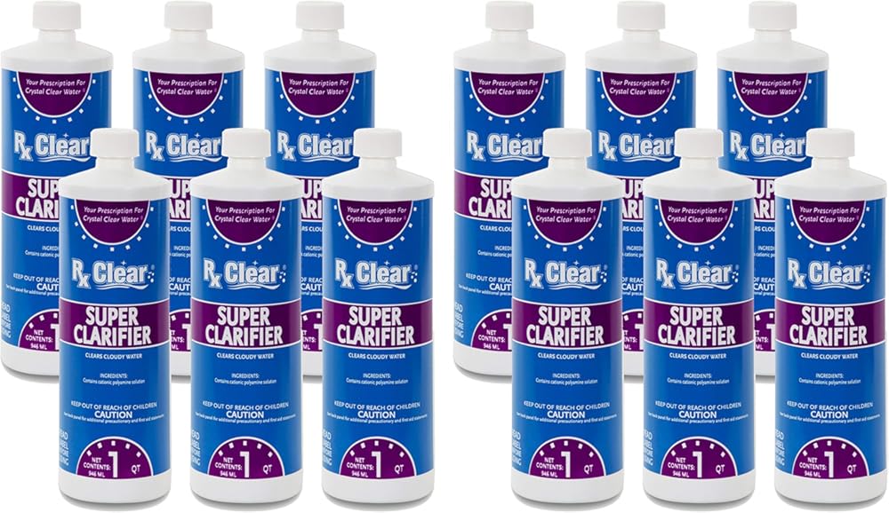 Rx Clear Super Strength Clarifier | Clears Cloudy Water for Above Ground Or In-Ground Swimming Pools and Spas | 1 Quart Bottle | 12 Pack