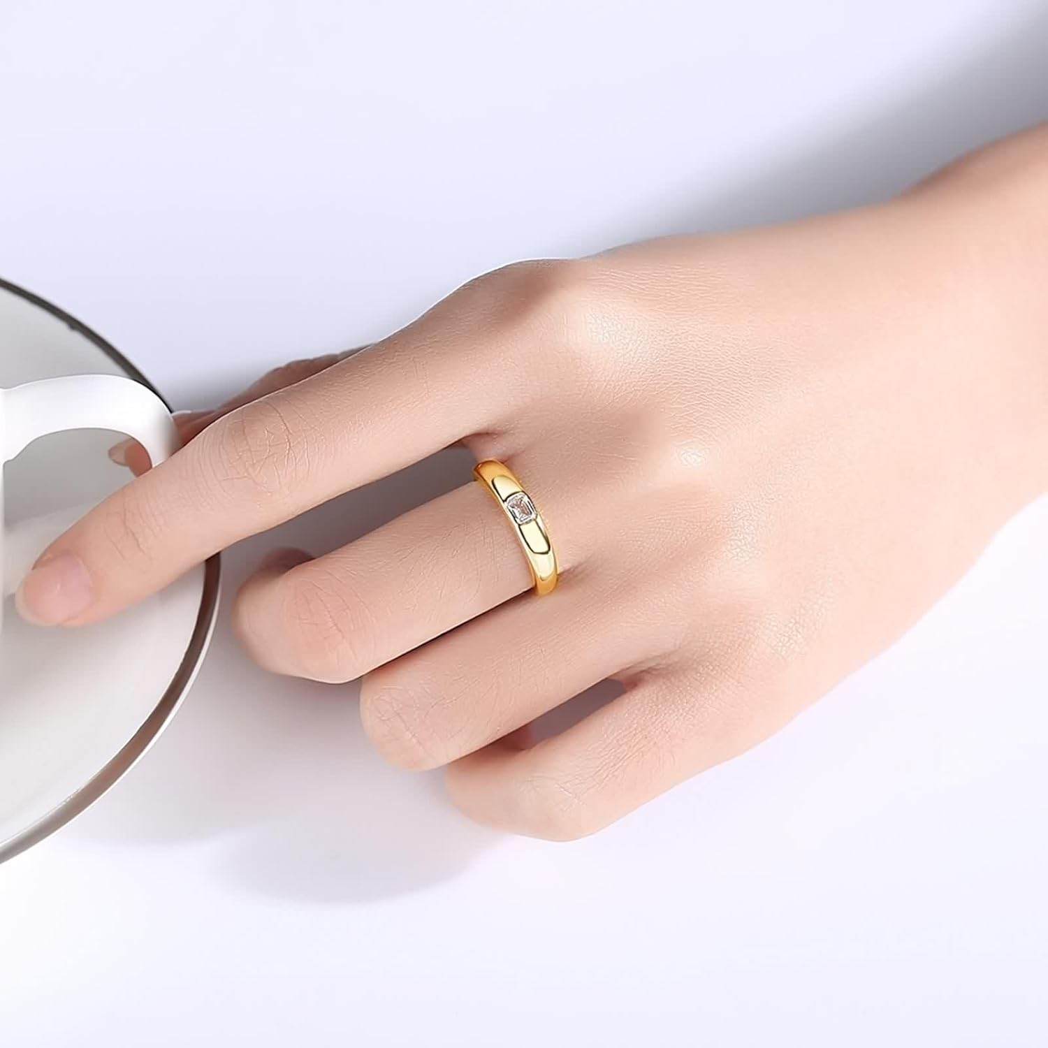 18K Yellow Gold Rings, Women Ring Lab Diamond Rectangle Gold Statement Band Gift for Wife