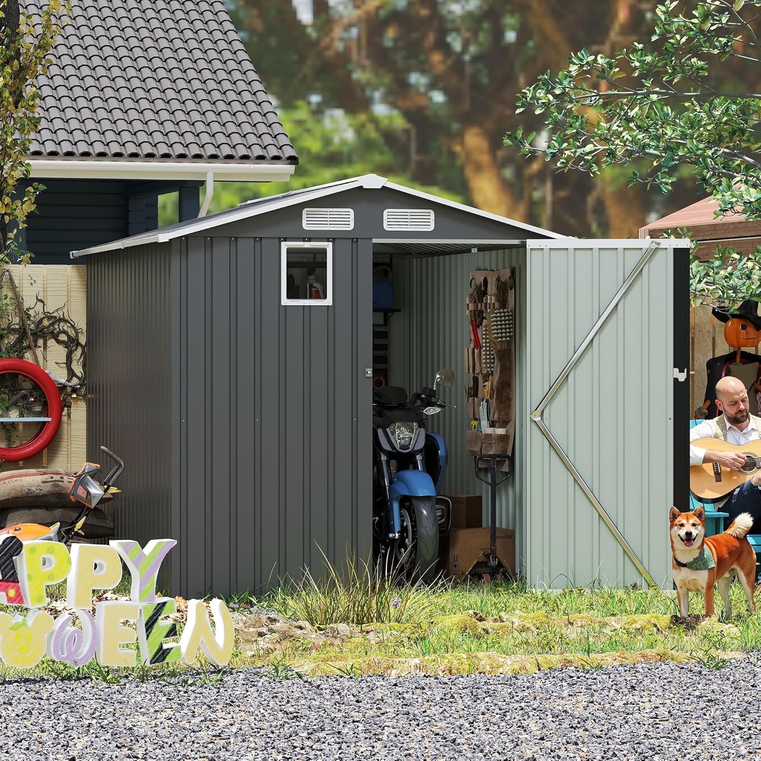 6x8FT Outdoor Steel Storage Shed, Lockable Doors, Compact Metal Tool Shed for Garden, Backyard, Patio, Utility, and Bike Storage,Dark Gray