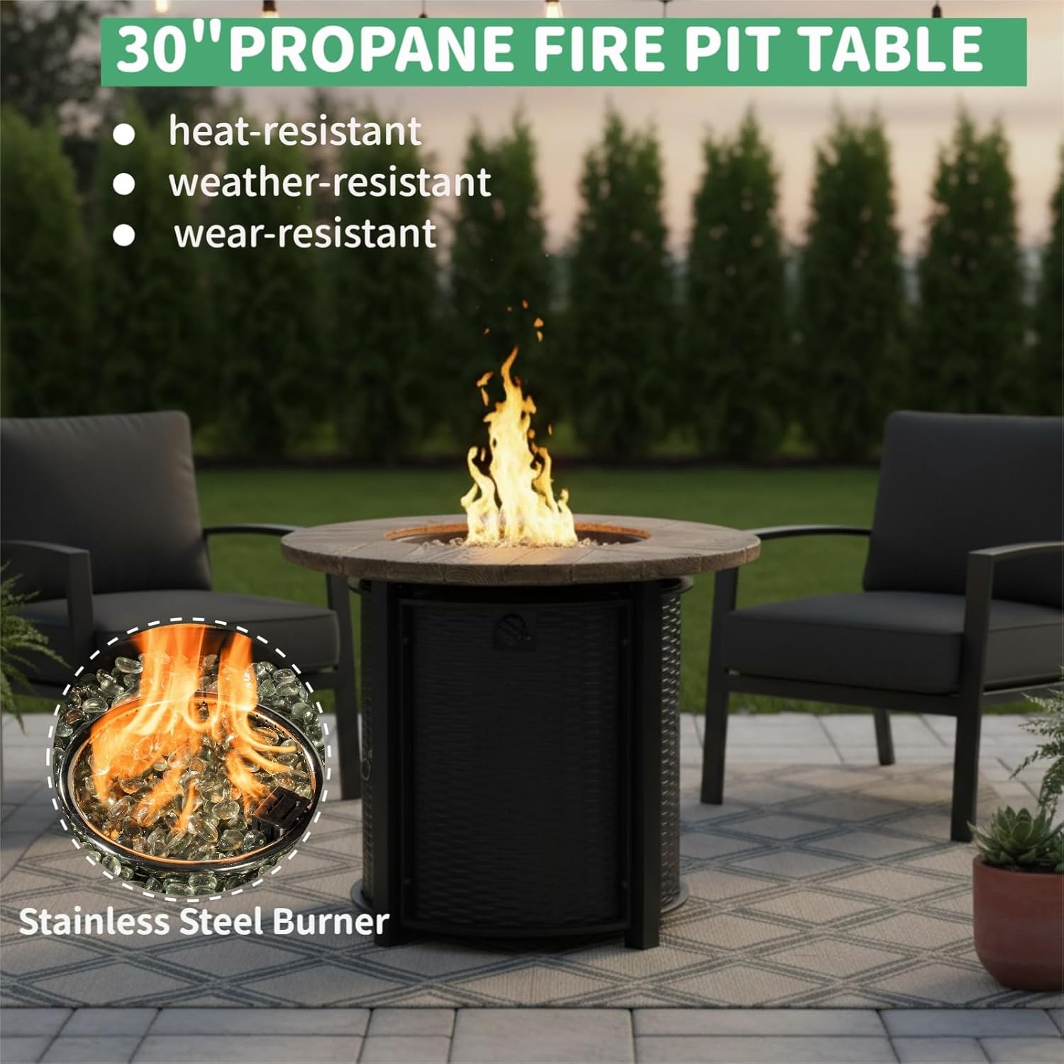 30 Inch Outdoor Propane Fire Pit Table,50000 BTU Steel Gas Firepit with with Woodgrain Top & Lava Rocks, Portable Round Patio Heater for Deck Garden Backyard