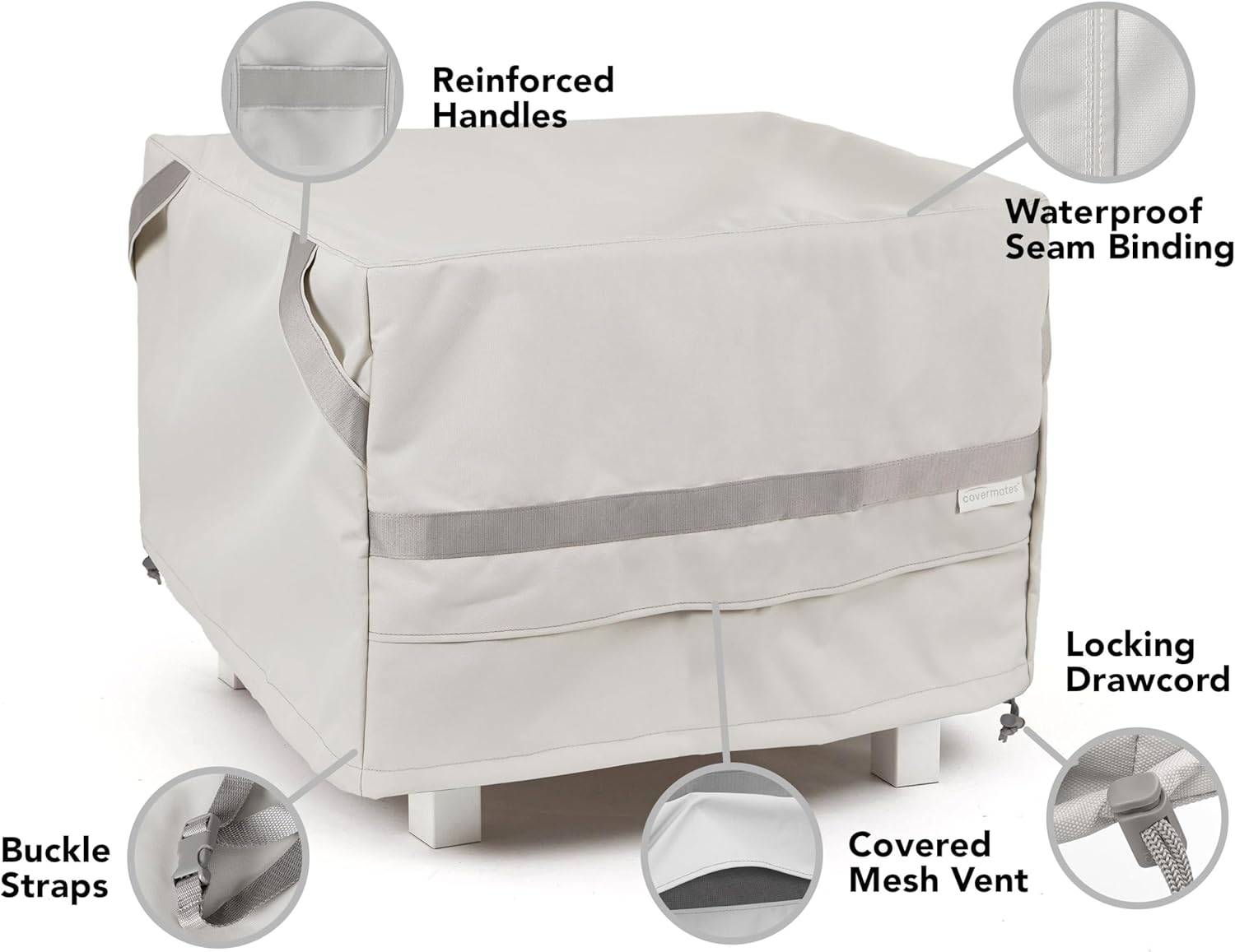 Covermates Prestige Square Fire Pit Cover – Heavy-Duty Water-Resistant Outdoor Patio Protection with 900D Polyester, Mesh Air Vents, Buckle Straps & Drawcord Hem, Square 52W x 52D x 25H, Stone