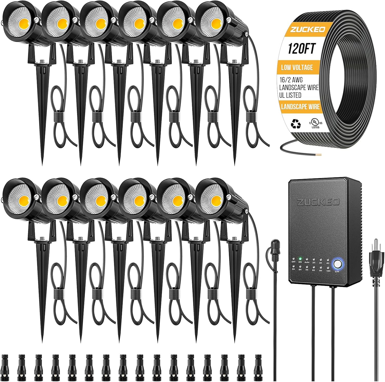 ZUCKEO All-in-One Low Voltage Landscape Lighting Kit, 5W LED Landscape Lights with Transformer, 120FT Wire and Connectors, Waterproof Outdoor Spotlight for Yard Garden House, 3000K 12V-24V, 12Pack
