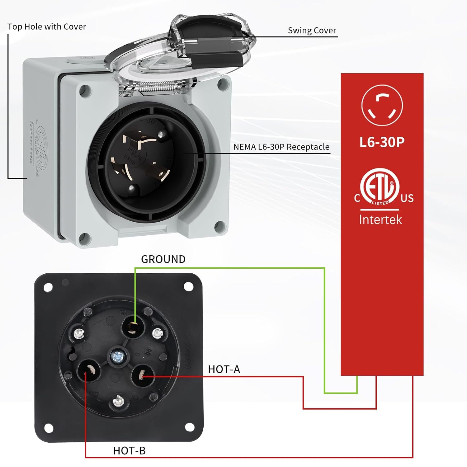 EZZON 1pcs L6-30P-BOX US 30Amp Generator Power Inlet Box, NEMA L6-30P Box 250 Volt Male Plug Outdoor dustproof and Weatherproof for Generators