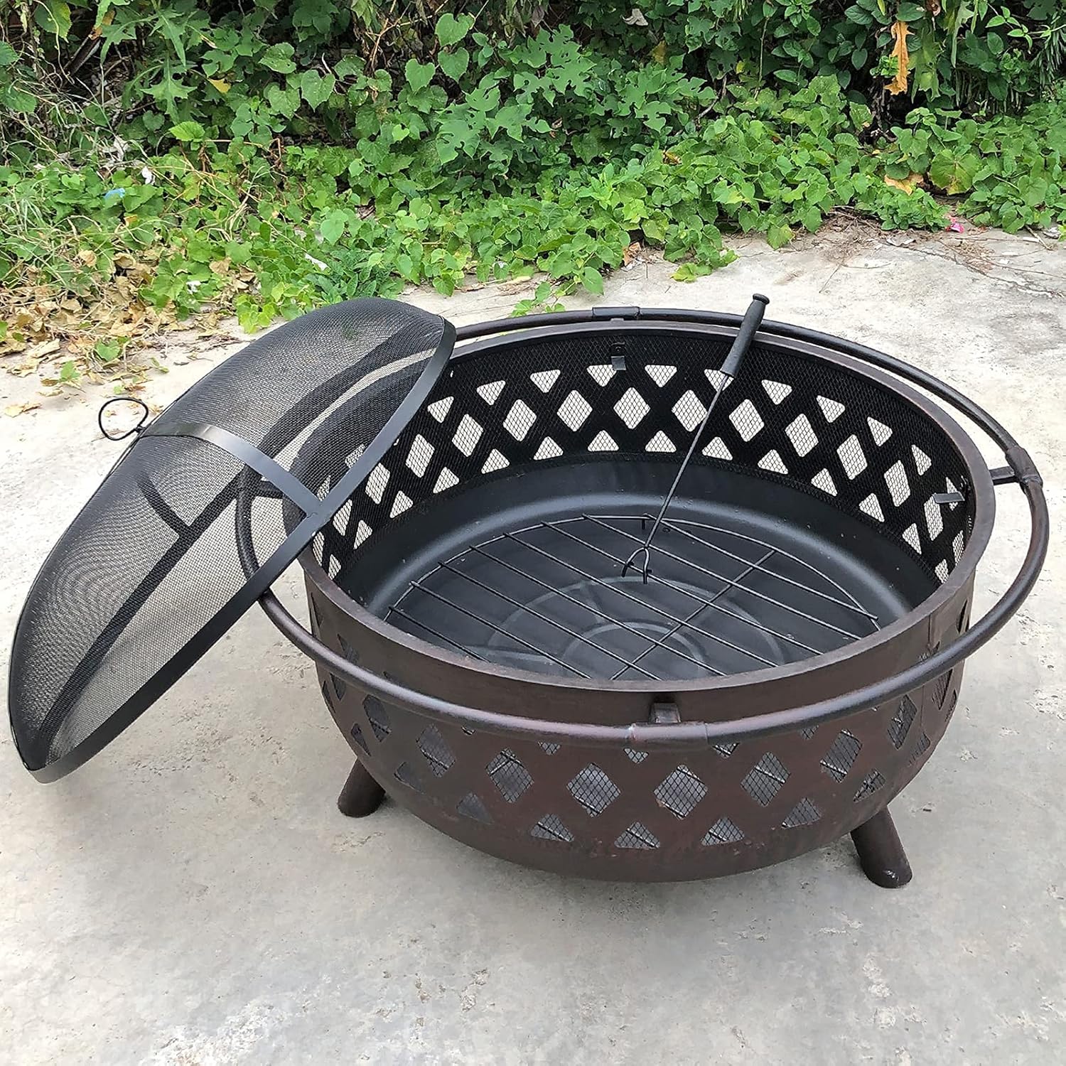 Outdoor Fire Pit Garden Fire Pit, Large Bonfire Wood Burning Patio & Backyard Round Firepit for Outside with Spark Screen and Poker, Great for Outdoor and Patio Grill Barbecue Rack