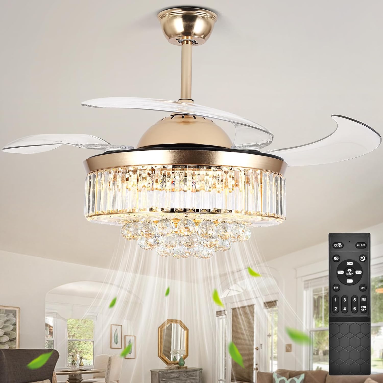 42'' Fandelier Ceiling Fans with Light, Gold Retractable Crystal Chandelier Fan, Reversible, Remote Control, Dimmable Ceiling Light Kits for Dining Living Room, Bedroom