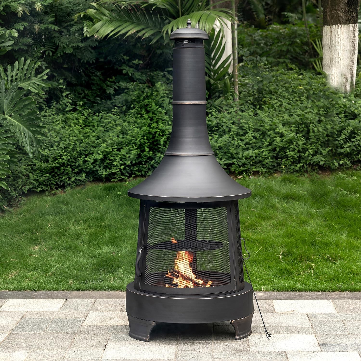 Deko Chimney Wood Burner Firepit with PVC Cover - Outdoor BBQ Fire Pit with Adjustable Cast Iron Grill - Smokeless Patio Fire Pit - Fire Space Heater - Portable Firepit for Camping Bonfire & Barbecue