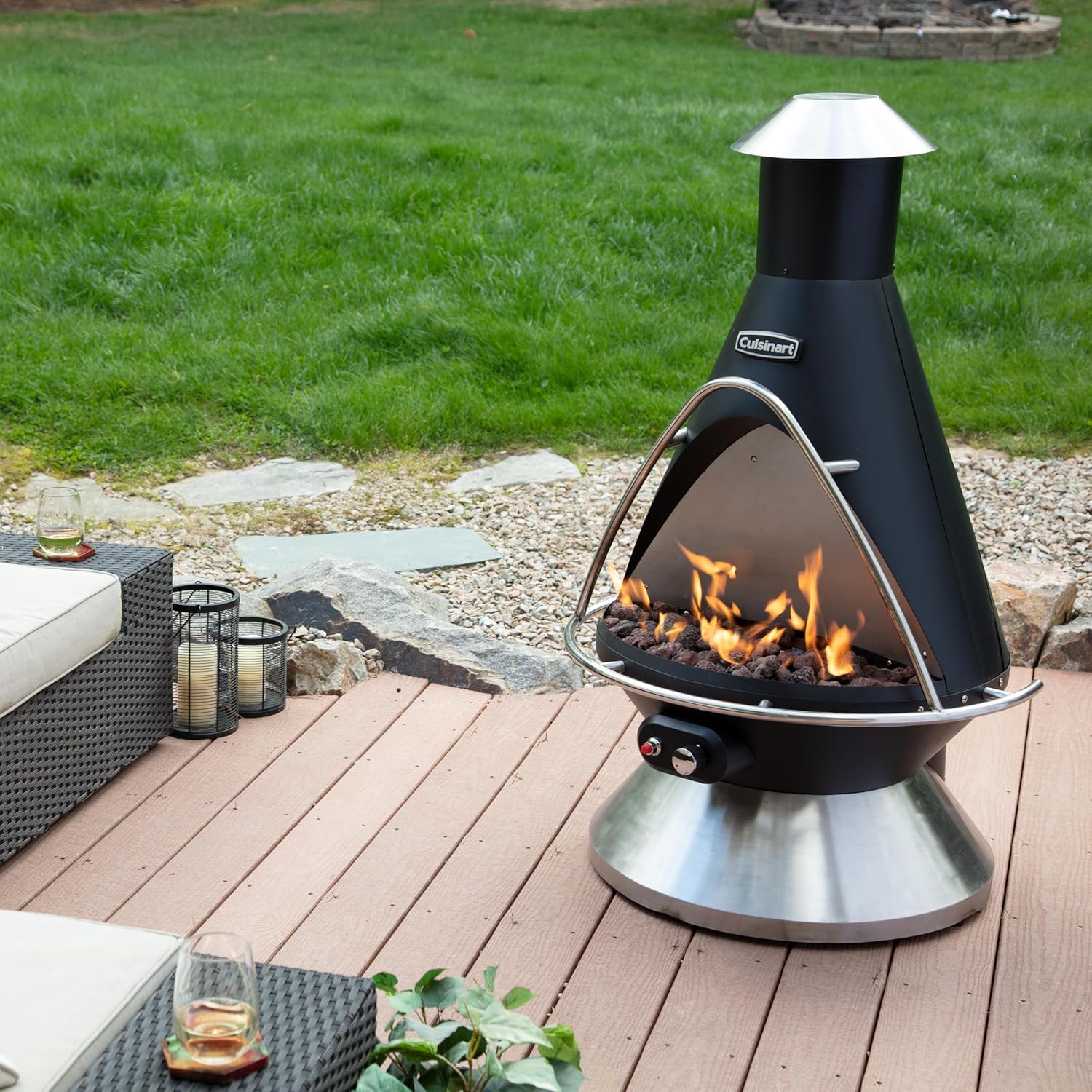 Cuisinart Chimenea Propane Fire Pit, 40,000 BTU Adjustable Gas Fire Pit for Patios, Includes Lava Rocks, Directional Heat Shield and Push to Start Ignition, Perfect for Backyards, Decks, and Patios