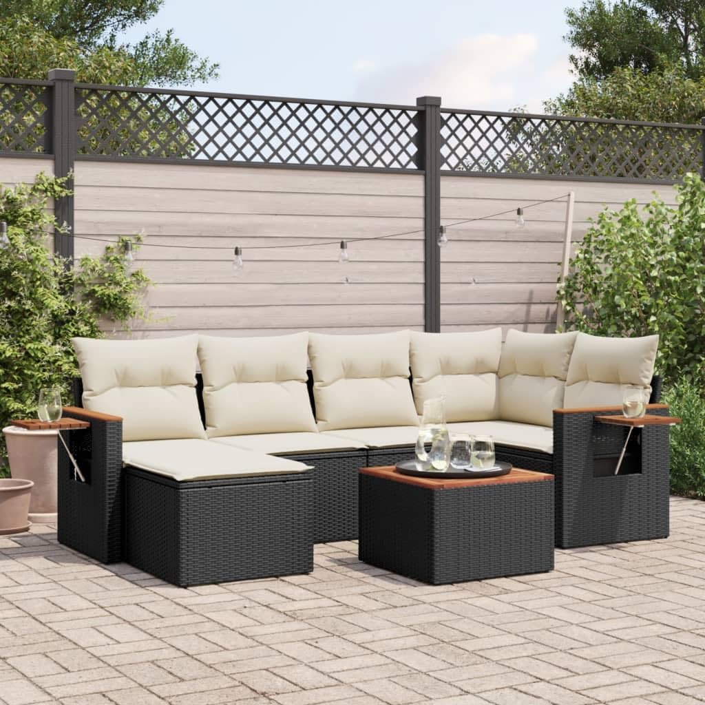 7 Piece Garden Sofa Set, Black Poly Rattan Outdoor Patio Furniture with Cream White Cushions, Modular Seating for Deck, Backyard Relaxation