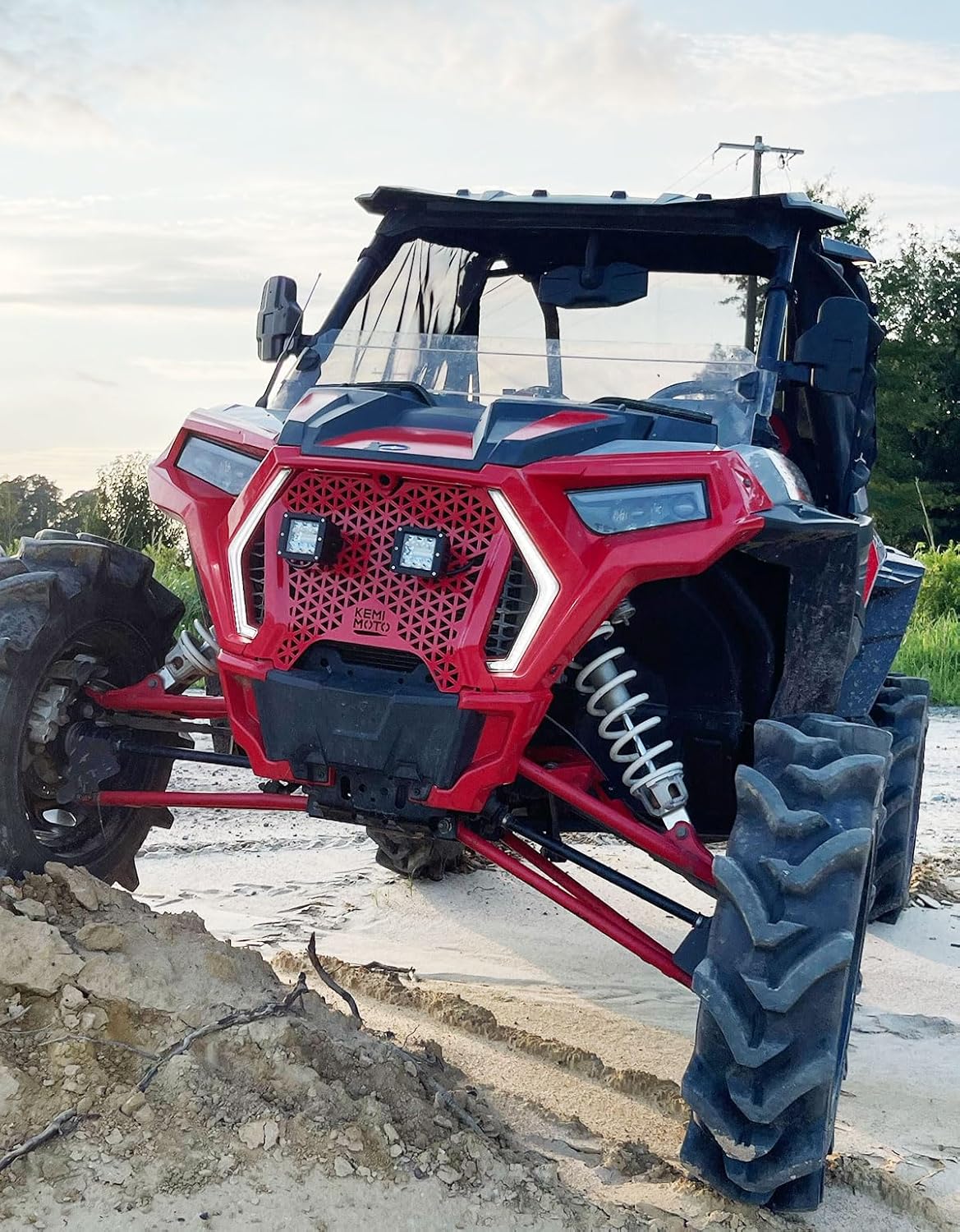 KEMIMOTO UTV Metal Front Grill Light Compatible with 2019-2023 Polaris RZR XP/XP4 1000/1000 S/Turbo/Turbo S, Red Mesh Grille with Waterproof LED Light Bar Accessories Replace 5455433-070