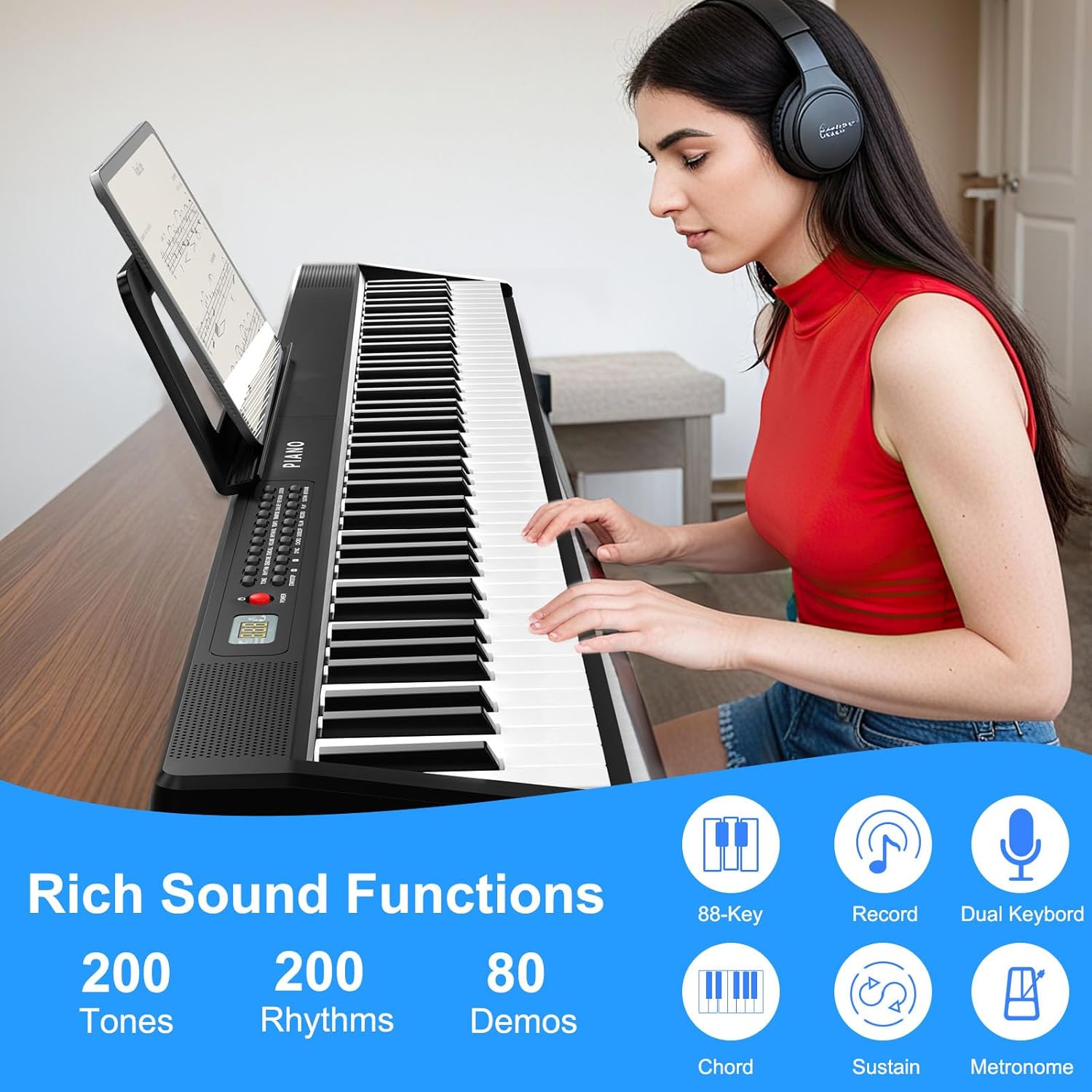 Electronic Piano keyboard,Foldable Full Size 88 Key Digital Pianos with Power Adapter,Pedal,Sheet Music Stand,Sticker,Bag,for Beginners,Black