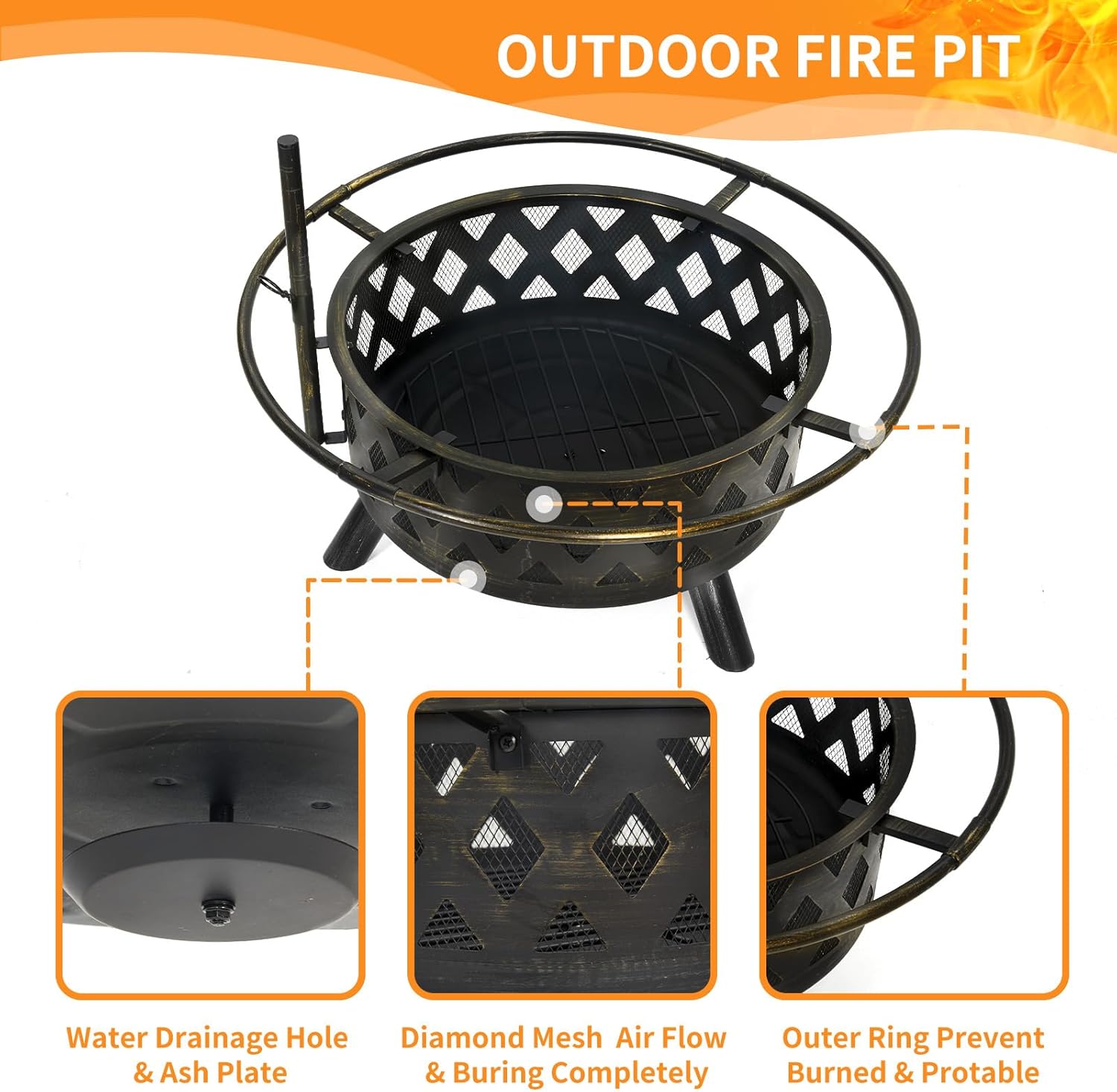 UDPATIO 2 in 1 Fire Pit with Grill for Outside Round 30 Inch Outdoor Wood Burning Firepit Large Steel Firepit with Swivel Cooking Grate Lid Poker, BBQ Grill for Backyard Bonfire Patio