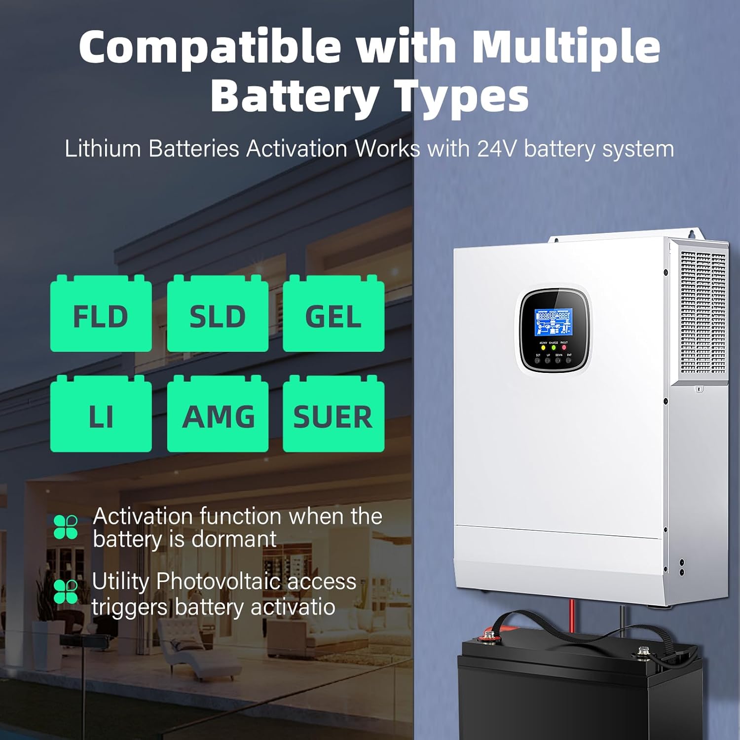 3000W Solar Inverter, 24V-110V/120V Pure Sine Wave Inverter, Built-in 60A MPPT Controller, Ideal for Homes, RVs, & Off-Grid Systems Work with Lithium, Lead-Acid, or Gel Batteries