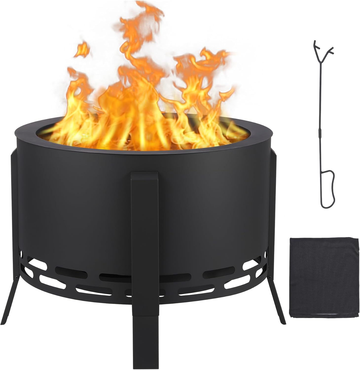 Smokeless Fire Pit 26 Inch - Wood Burning Outdoor with 360° Airflow & Removable Ash Pan, Smokeless Design for Backyard, Patio, Camping; Includes Lid & Rain Cover