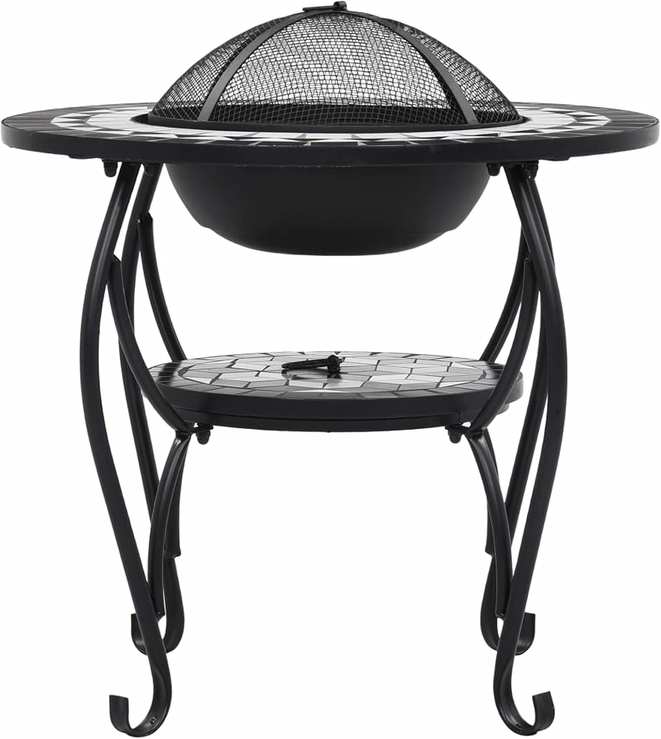 Mosaic Fire Pit Table, Black and White Ceramic Steel 26.8in Round for Garden Patio Warmth and Barbecue