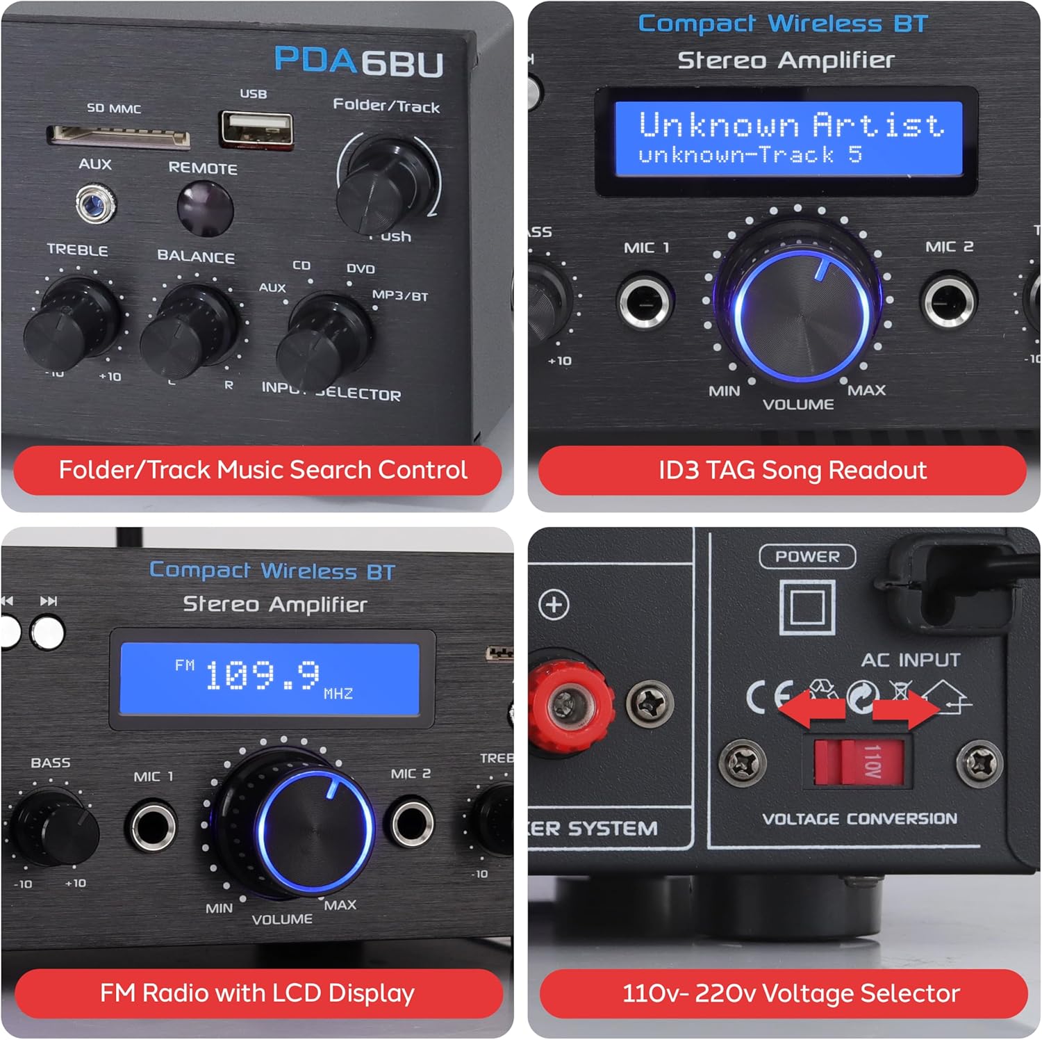 Pyle Wireless Bluetooth Power Amplifier System- 200W Dual Channel Sound Audio Stereo Receiver w/ USB, SD, AUX, MIC in w/ Echo, Radio, LCD, for Home Theater Entertainment via RCA, Studio Use- PDA6BU.7