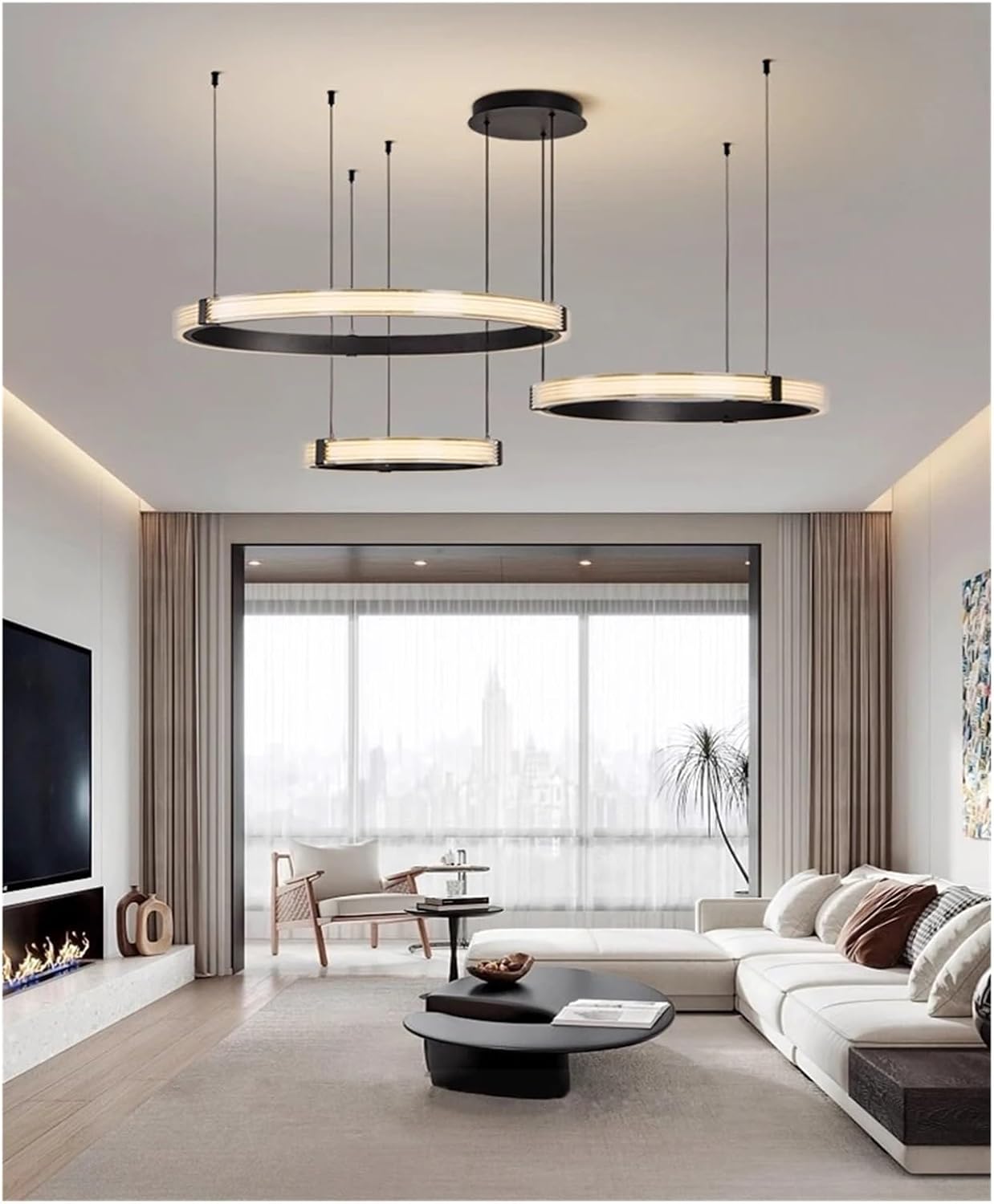 Nordic Home Decor Dining Room Pendant Lamp Lights Indoor Lighting Ceiling Lamp Hanging Light Chandelier Lamps for Living Room(RC Remote dimming,3 Rings 40 60 80cm)