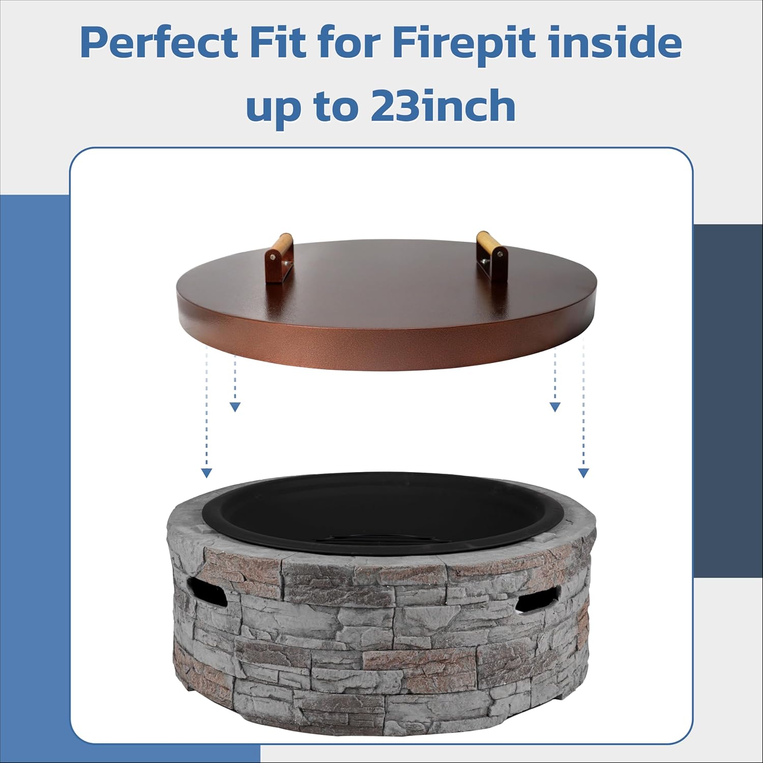 25.5” firepit lid round for inside up to 23” gas fire pit lid for Outdoor Fireplace Cover Lid Steel fire pit metal cover W/ Wooden Handle & Bronze Coated Snuffer Lid for Round Patio Fire Pit Ring