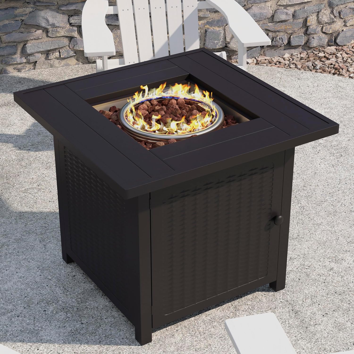 BizChair 50,000 BTU Outdoor Propane Gas Fire Pit Table - Black Stainless Steel Tabletop and Steel Wicker Detail Base - 28