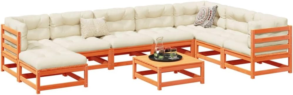 9-Piece Garden Sofa Set, Wax Brown Solid Pine Wood Outdoor Patio Furniture for Balcony, Modular Design Seating, Durable Patio Dining Set