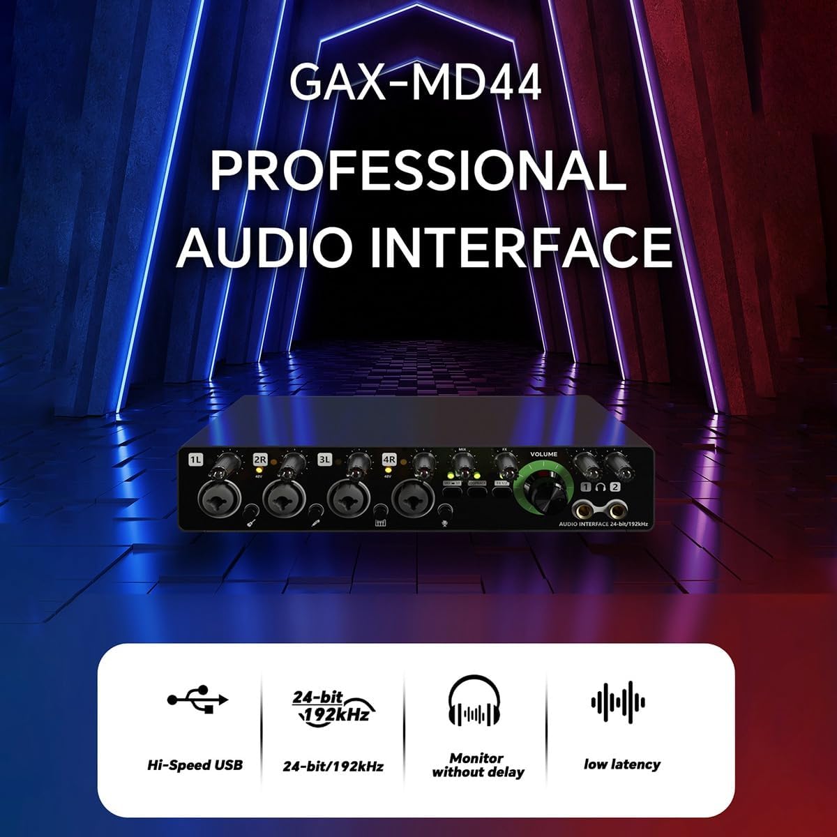 -MD44 Professional Microphone Sound Card 24Bit 192KHz 4 Way Audio Interface for Podcast Recording Music Instrument Easy to Use -B