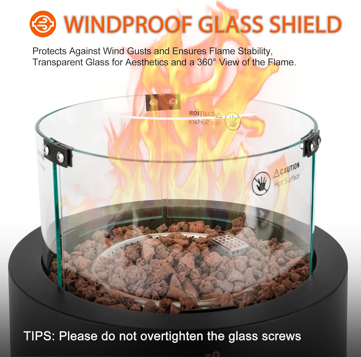 ONLYFIRE OUTDOOR LIVING Tabletop Propane Gas Fire Pit Side-Mounted, Portable Smokeless Gas Firepit with Glass Wind Guard & Lava Rocks for Patio Backyard Camping Bonfire RV Tailgating, Round FP038