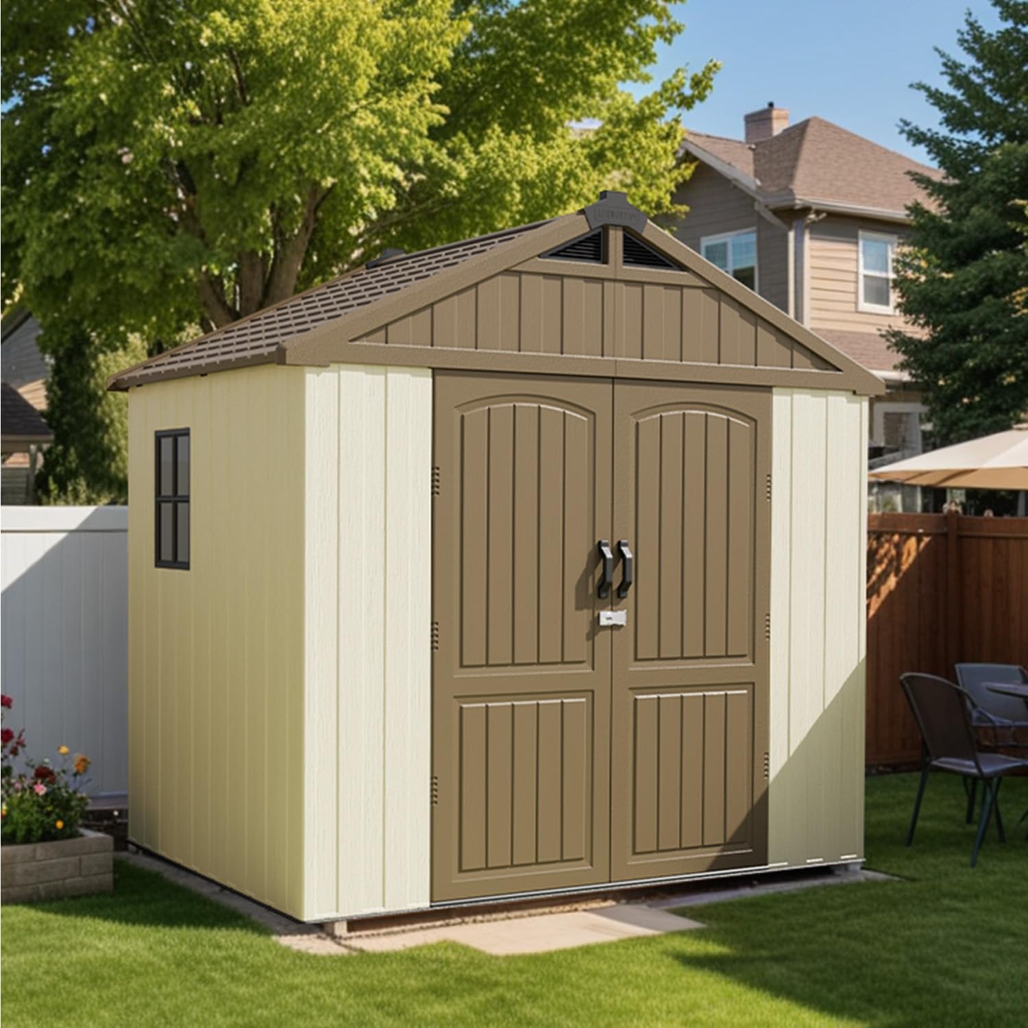 Patiowell 8 x 6 FT Plastic Outdoor Storage Shed with Floor, Resin Shed with Window and Lockable Door for Garden, Backyard, Tool Storage Use, Easy to Install in Brown (Kick-it Shed)