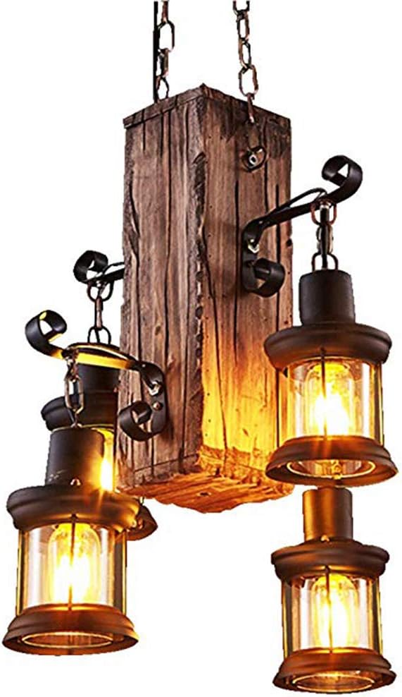 Wooden Vintage Industrial Pendant Light, Wood Pendant Chandelier with 4 Bulb Base, Lantern Chandelier for Coffee Shop Bar Restaurant Farmhouse (4 E26 Base)