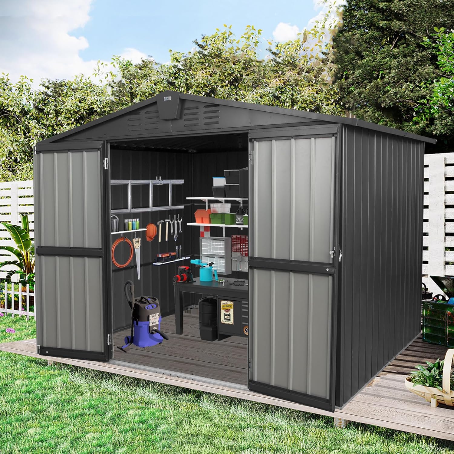 Domi 8x6 FT Outdoor Storage Shed,Large Metal Tool Sheds,Heavy Duty Storage House with Double Doors for Backyard Patio Lawn to Store Bikes,Lawnmowers